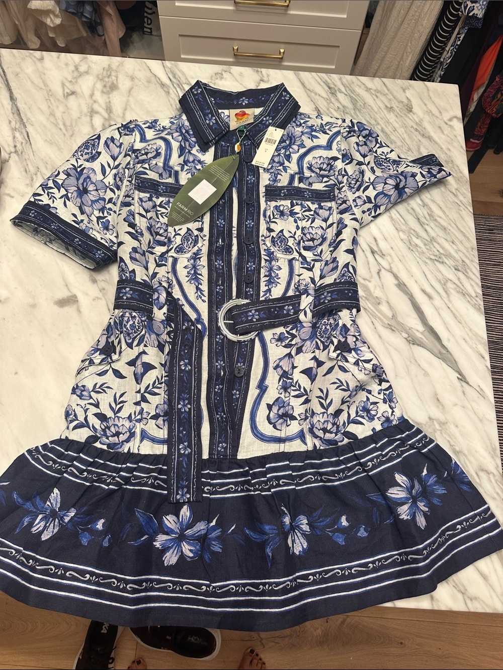 FARM Rio Blue and White Floral Mini Shirt Dress with Belt
